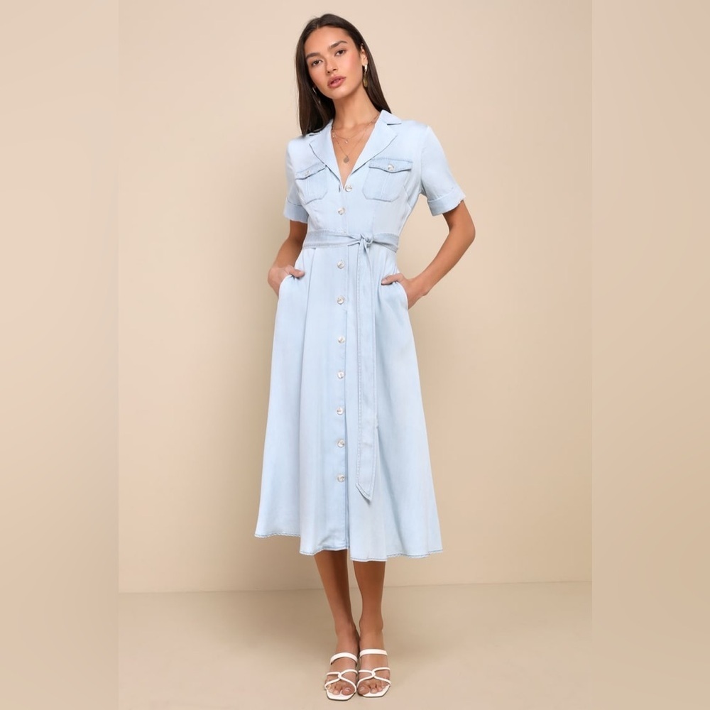 LULU’S Pleasant Cutie Blue Chambray Collared Midi Dress With Pockets - Picture 5 of 6